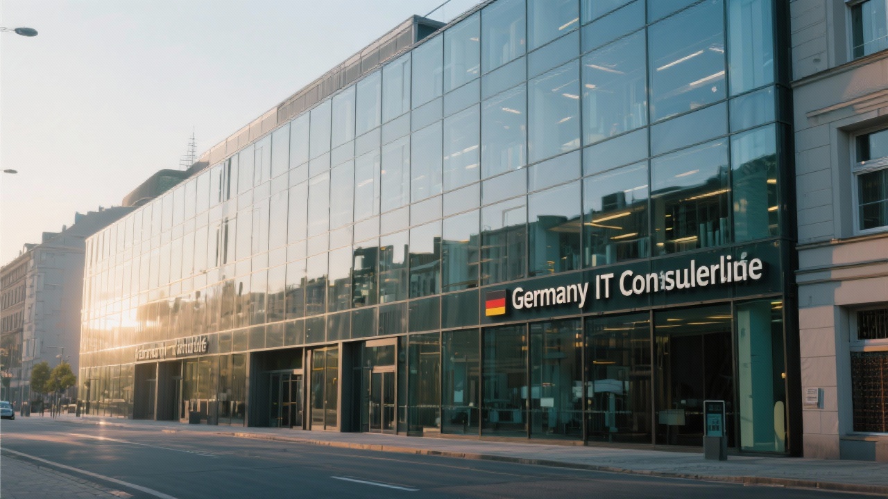 Exterior view of Friedrichstraße Berlin office building with modern glass facade and Germany IT Consulting signage during early morning light.