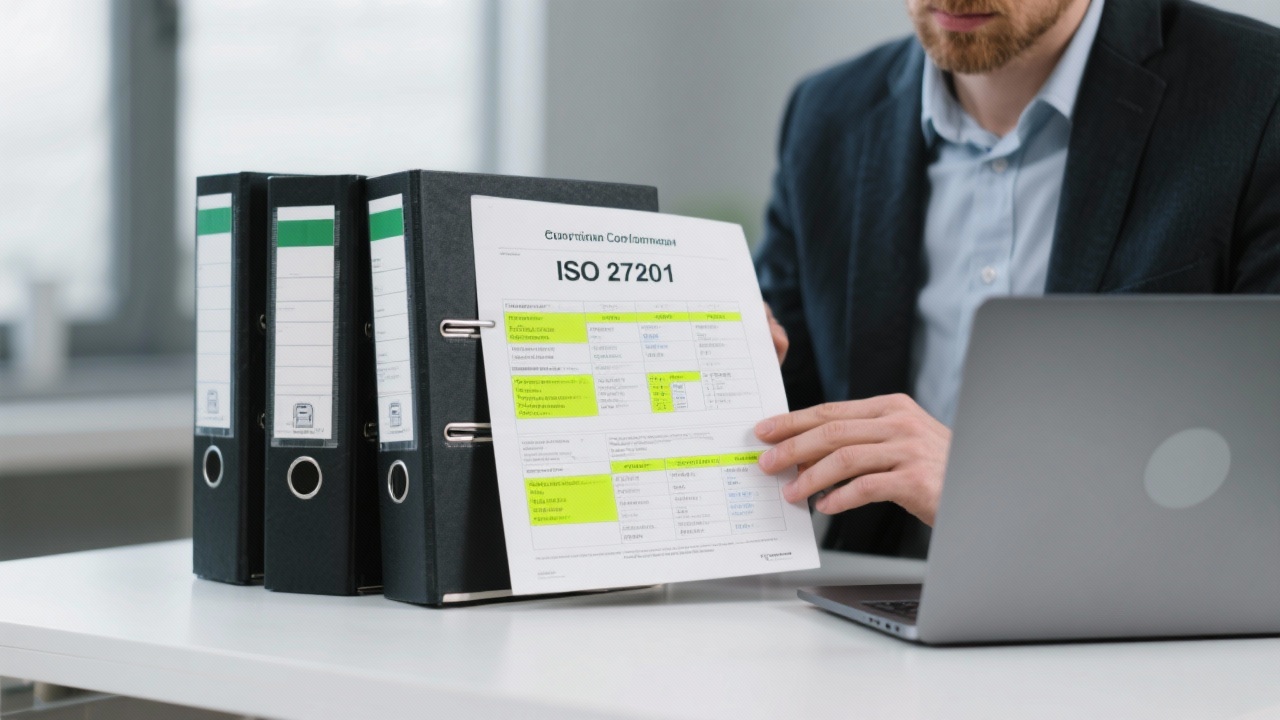 Compliance specialist analysing ISO 27001 documentation binders with highlighted audit checkpoints and regulatory control matrices alongside encrypted laptop on clean desk.