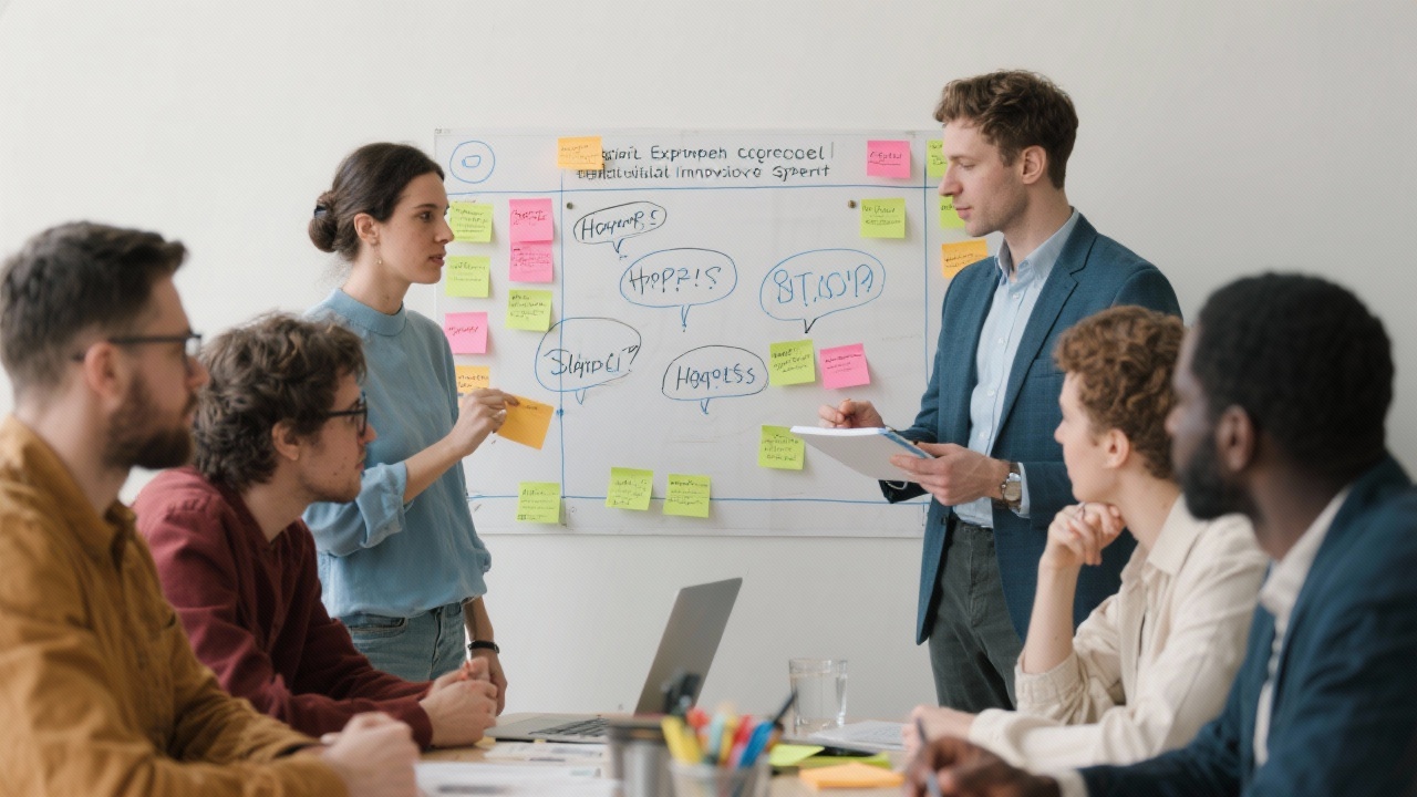 Cross functional product team ideating on sticky notes around agile canvas while facilitator documents hypotheses for rapid experimentation cycle supporting digital innovation sprint.