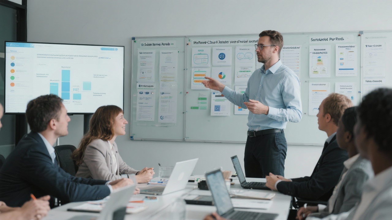 Consultant presenting modular service portfolio boards covering software rollout, cybersecurity services and managed cloud solutions across collaborative digital workspace during workshop facilitation.
