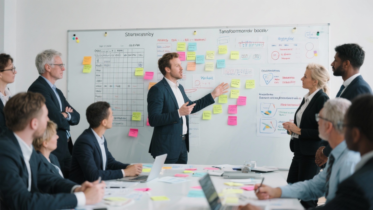 Facilitator leading interactive strategy workshop with senior managers clustered around whiteboard covered in priority matrices, risk profiles and transformation backlog sticky notes.